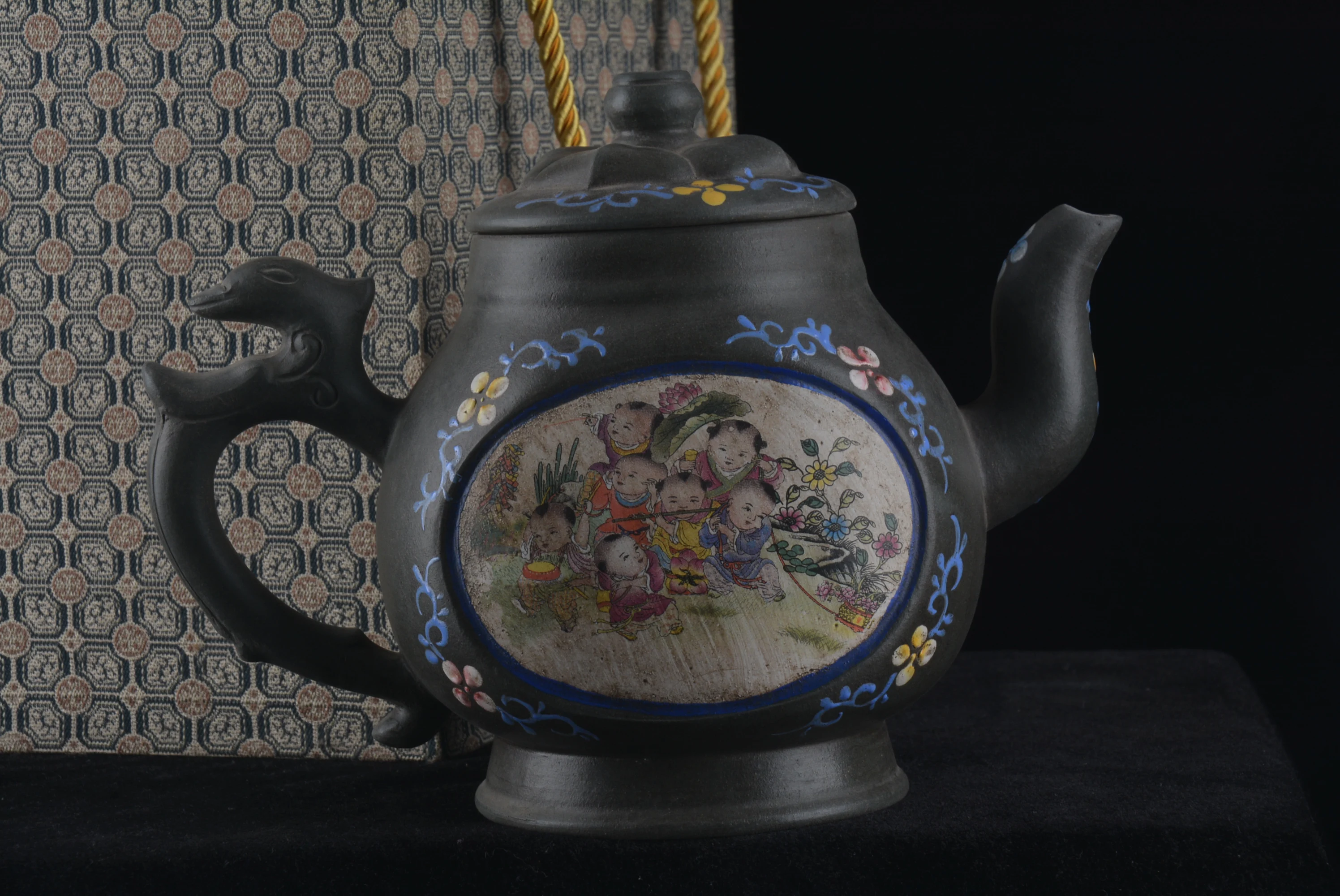 Old Chinese Handcraft Enameled YiXing Purple Clay  (yellow stoneware) Teapot ,Pink color,with mark,Free shipping