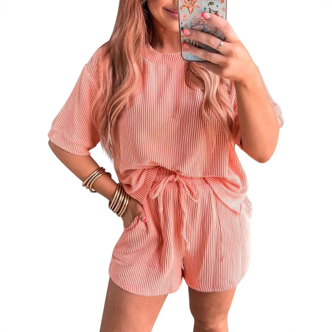 Casual Short Sleeve Shorts Streetwear with Striped Pattern Set Capri Pants Striped Regular Sleeve Summer Spring for Women