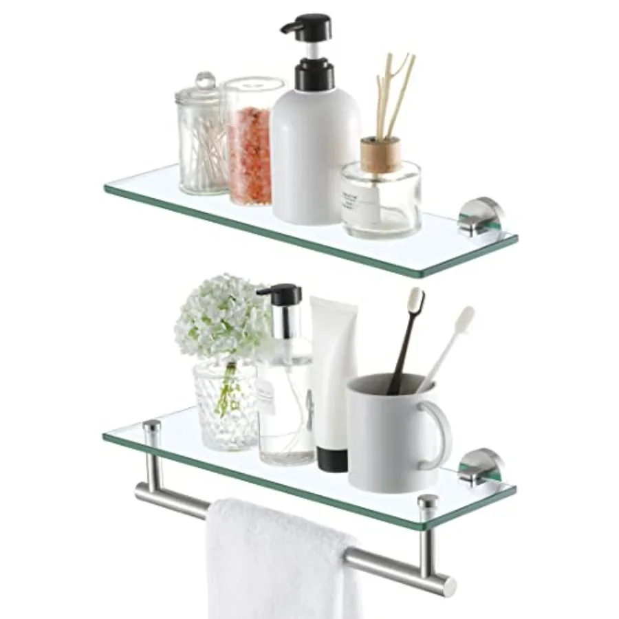 

Glass Shelves for Bathroom, 16-Inch Glass Floating Bathroom Shelf with Bar 2 Pack Wall Mount SUS 304 Stainless Steel Brushed Fi