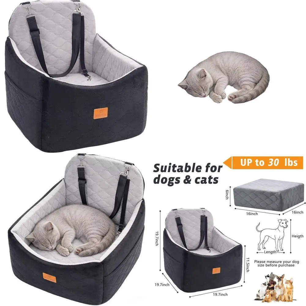

Memory Foam Pet Car Seat with Washable Cover for Small/Medium Dogs and Cats up to 30 lbs, Travel-Safe with Safety Belt and Stora