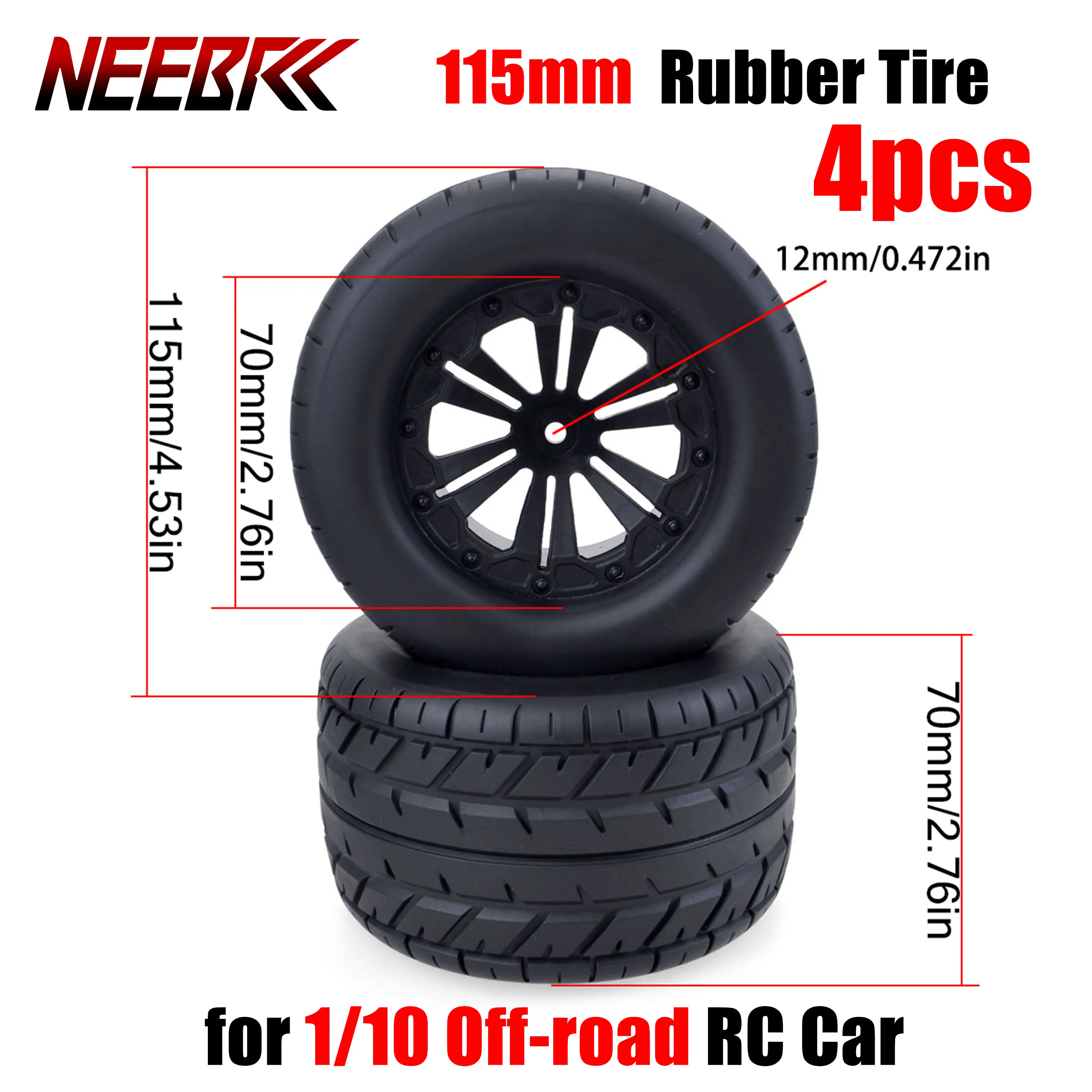 

4pcs 115mm 1/10 Monster Car Rubber Tire Wheel Tyre Rim Hub 12mm Hex for RC Off-road Buggy Truck Redcat HPI Traxxas Savage Xs Toy