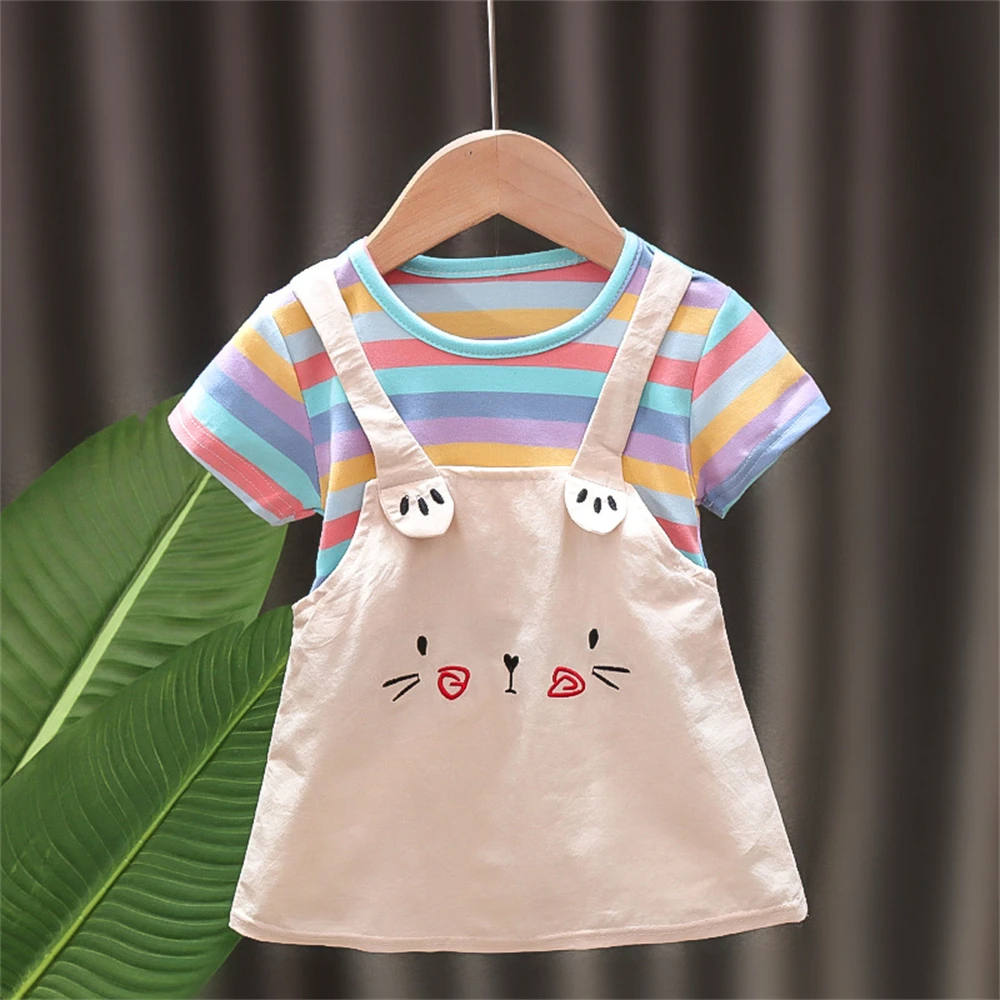 Korea Fashion Baby Girl Clothes Fake two-piece Strap Dress Clothing For Girls Summer Casual Cute Cat Print robe princesse fille