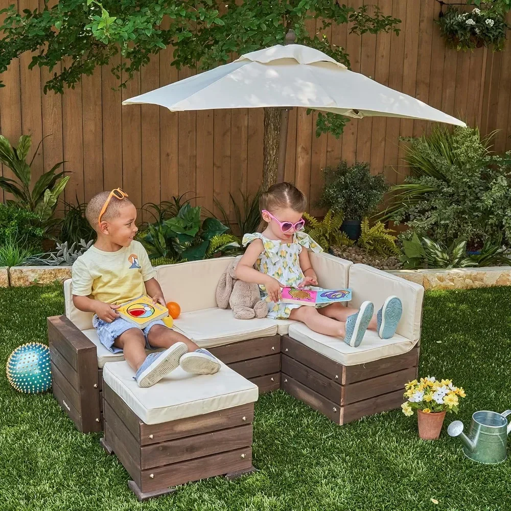 Wooden Outdoor Sectional Ottoman & Umbrella Set With Cushions Outdoor Furniture Sets Patio Furniture for Kids or Pets Sofa