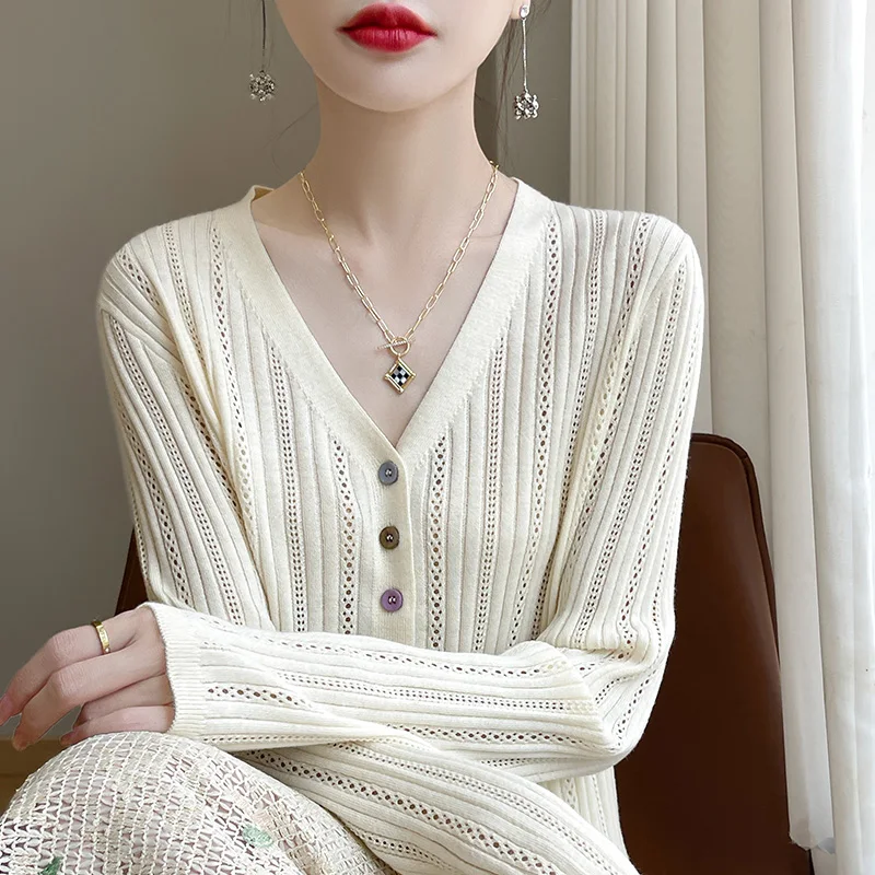 Woman's Wool Cardigan Boutique Thin And Light Solid Color Soft Knit Cardigan Sweater  V-Neck Cozy Casual Versatile Women Sweater