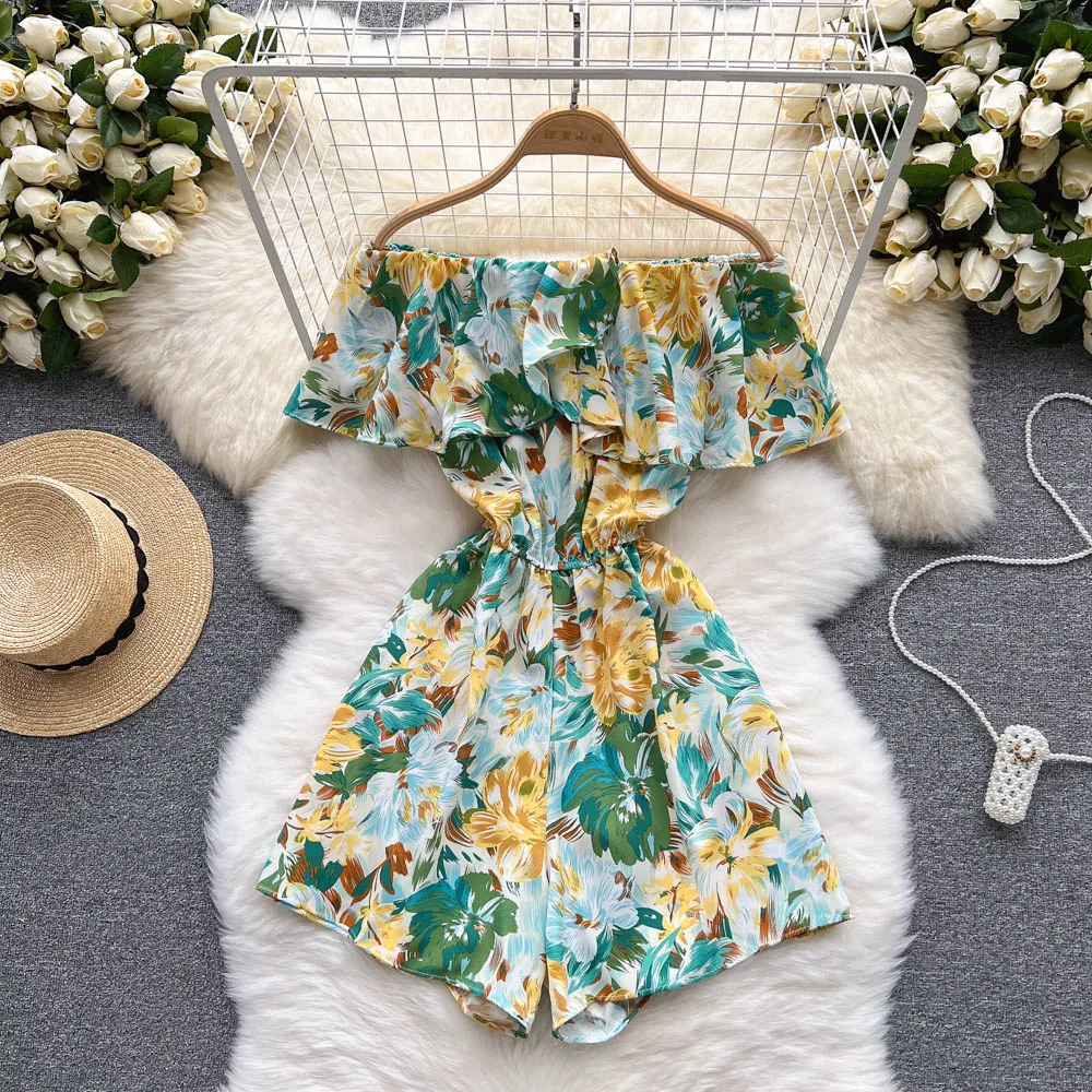 Elegant Floral Short Jumpsuit Woman 2022 Summer One-Piece Outfits Fashion Ruffled One-Shoulder Playsuit