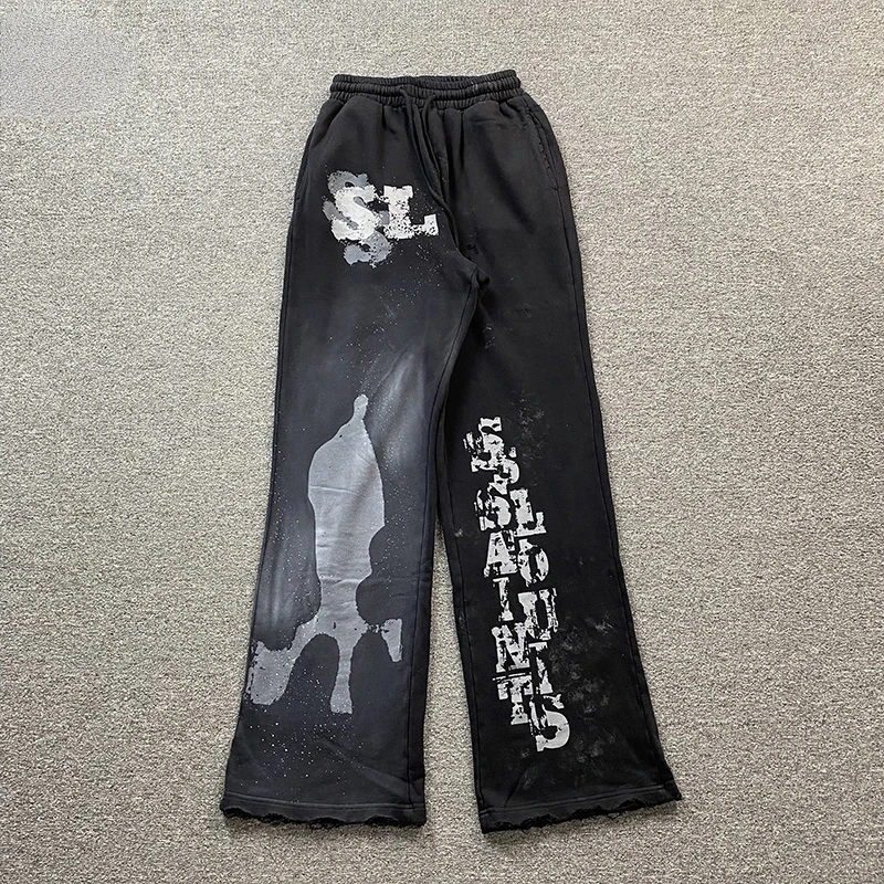 Hip Hop Grey Saint Louis Pants Men Woman Loose Retro Damaged Graffiti Letter Print Washed Pants