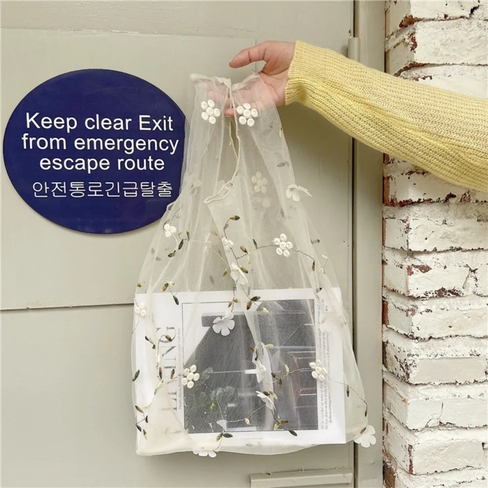 Silk Embroidery Mesh Handbag Transparent Purse Flowers Embroidery Handbag Korean Style High Quality Organza Yarn Bag Shopping