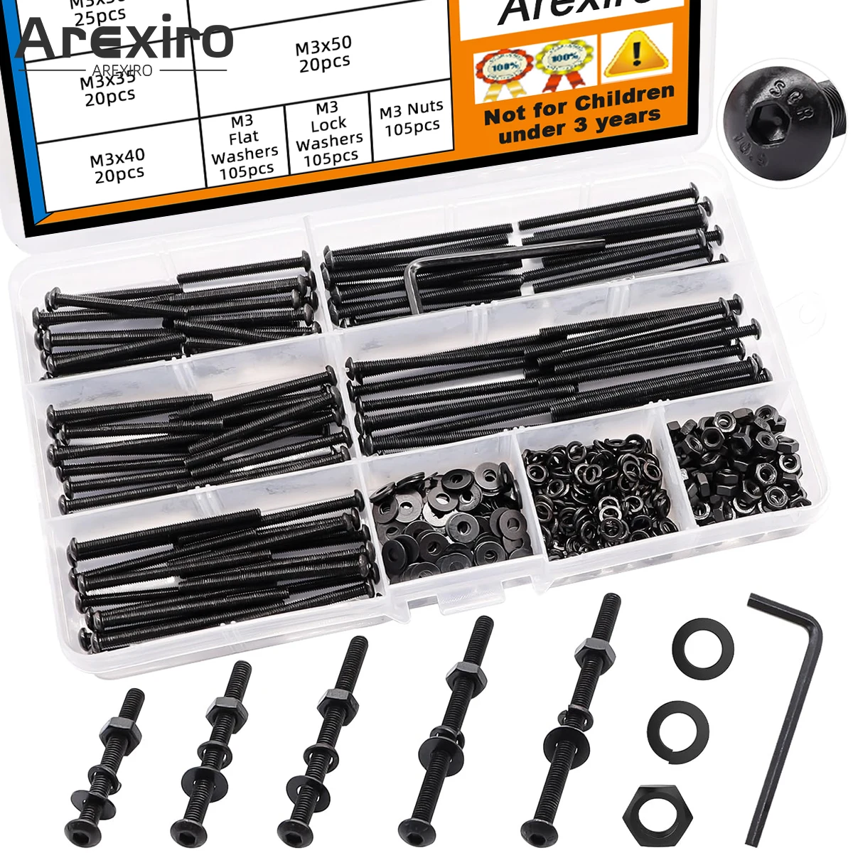 420PCS Black M3 Button Head Hex Allen Socket M3x30/35/40/45/50mm Metric Screw Bolt Nut Washer Combo Kit Grade 10.9 Carbon Steel