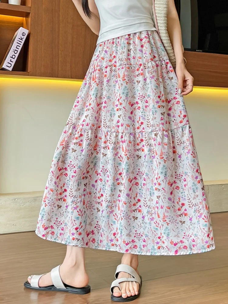 

SMTHMA New Summer Fresh Floral Skirt Women's Mid Long A-line Skirt Slimming Versatile Print Fairy Skirt