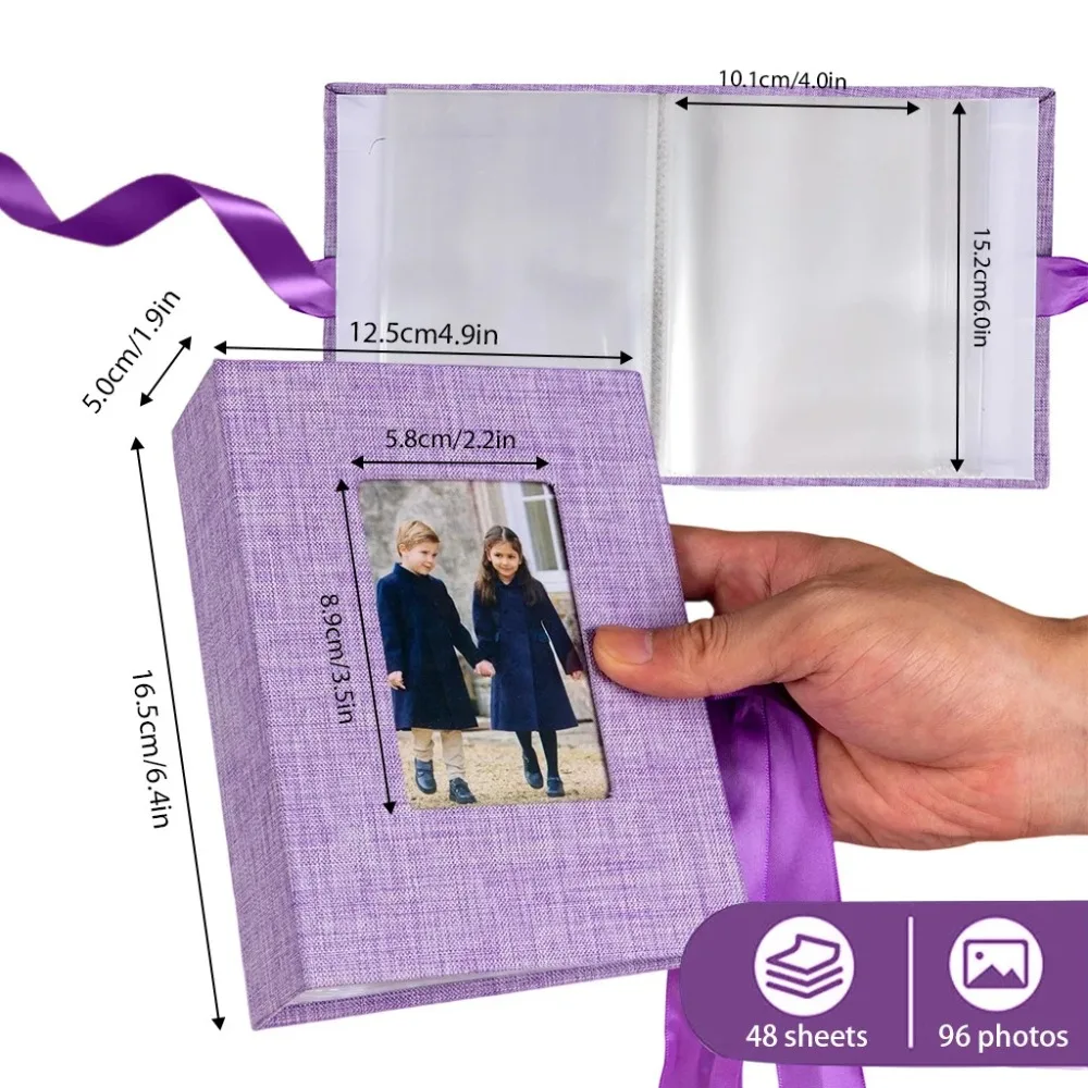 Linen Photo Album for 6 Inch 4R Pictures, 96‑Photo Capacity Slip‑in Picture Book with Ribbon Closure