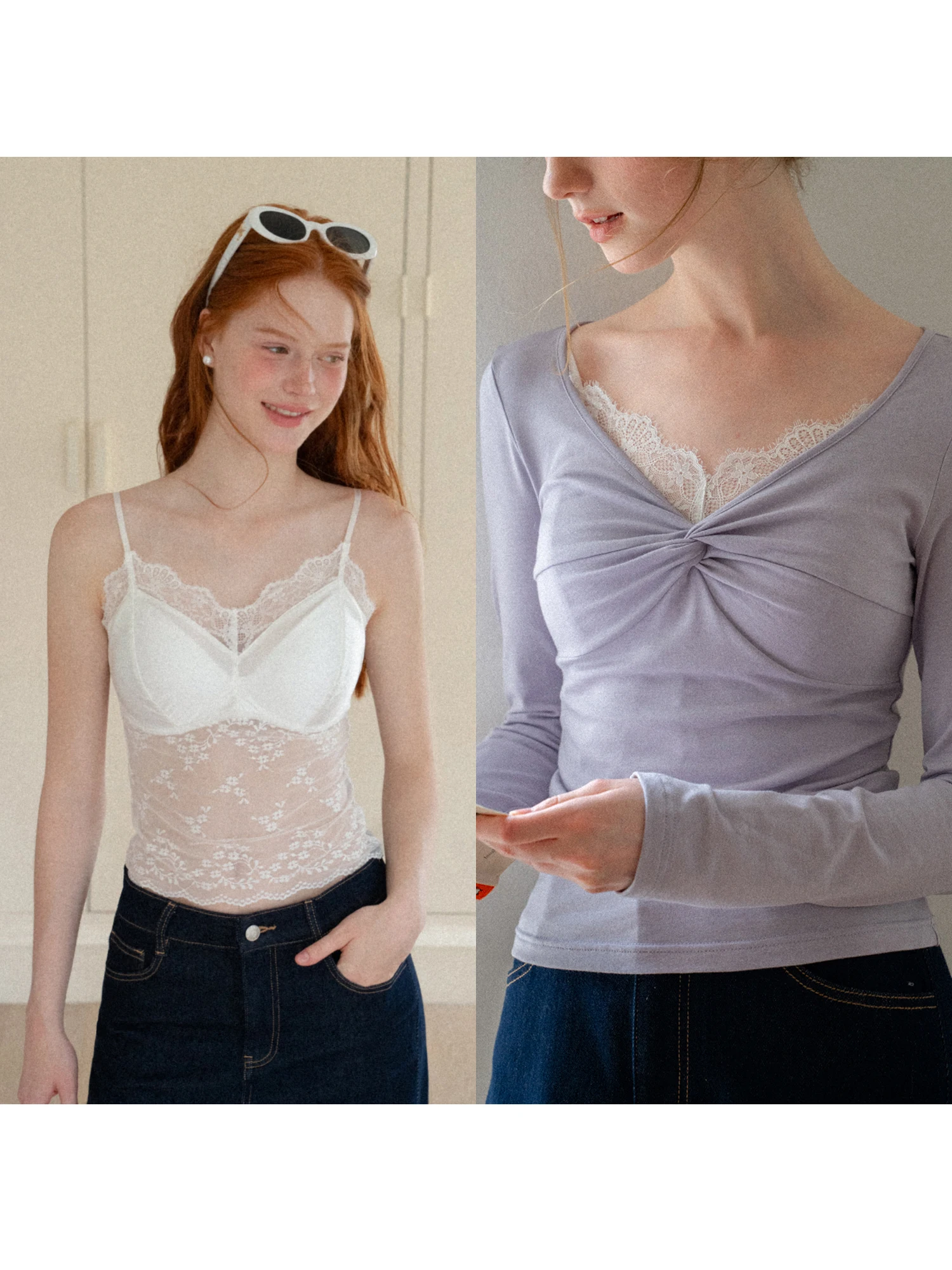 EGGKA Lace Crop Top Women's V-neck Integrated Strap Vest Short Style Slim Fit White Inner Wear Casual Elastic Polyester