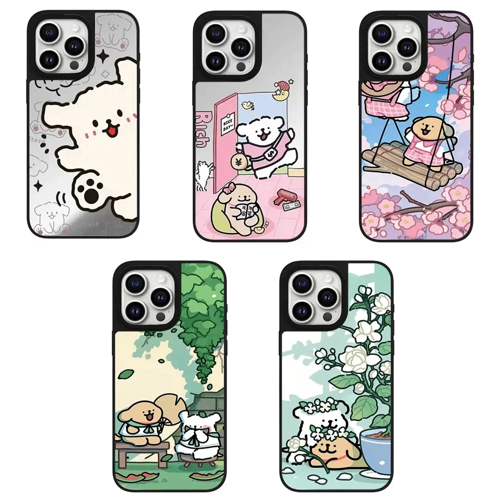 Cute Vacation Dog Mirror Magnetic Phone Case Cover for IPhone 11 12 13 14 15 16 Pro Max Case for IPhone 16 Pro Max