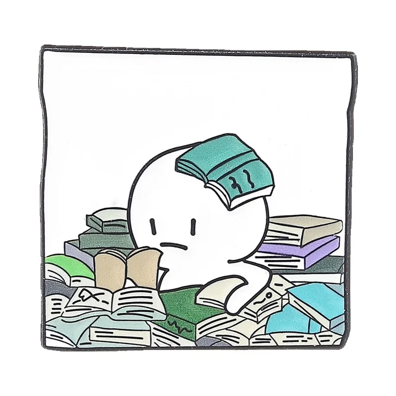 Эмалевая-брошь-значок-«Погруженный-в-книги»-милая-простая-белая-фигурка-окруженная-книгами-украшение-для-лацкана-подарок