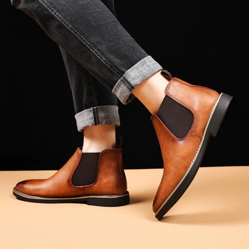 British Style Men's Chelsea Boots Retro Brown Pointed Toe Ankle Boots Man High Top Leather Shoes Men Slip-on Boots Big Size 47 view 3