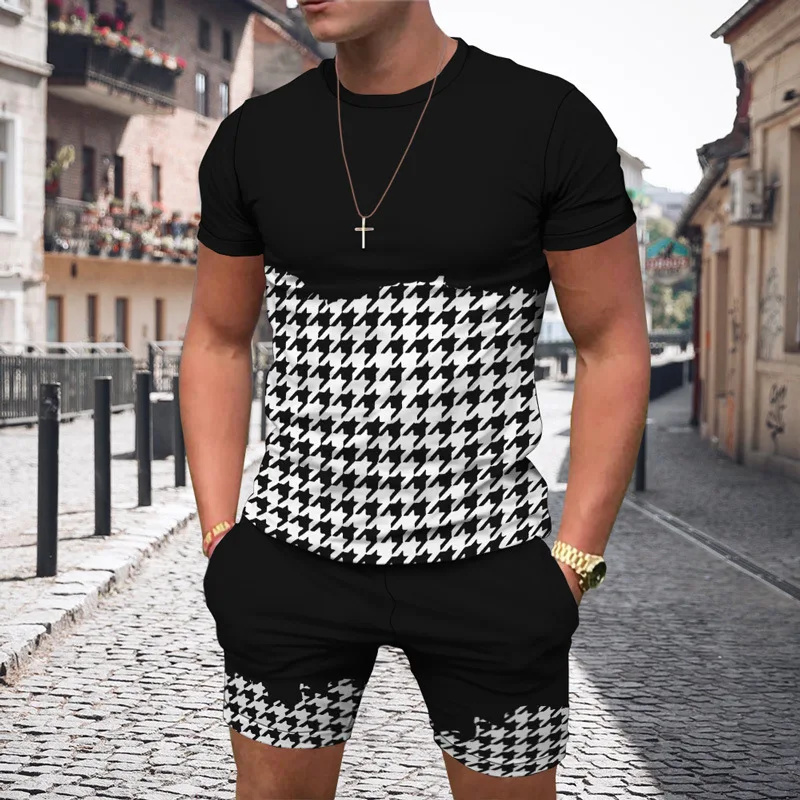 Chándal de alta calidad para hombre, conjunto de 2 piezas con estampado 3D de palmeras y manchas de pintura coloridas, camiseta informal y