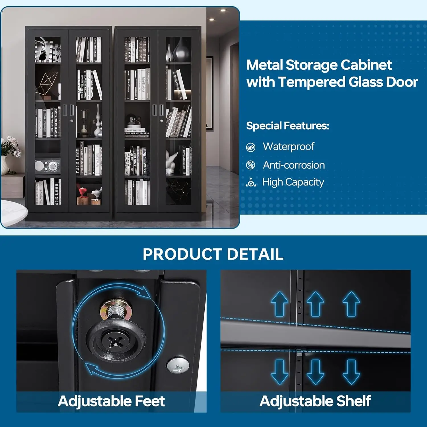 Display Cabinet with Glass Doors, Curio Cabinets with 4 Adjustable Shelves, Locking Glass Cabinet Display Case for Home