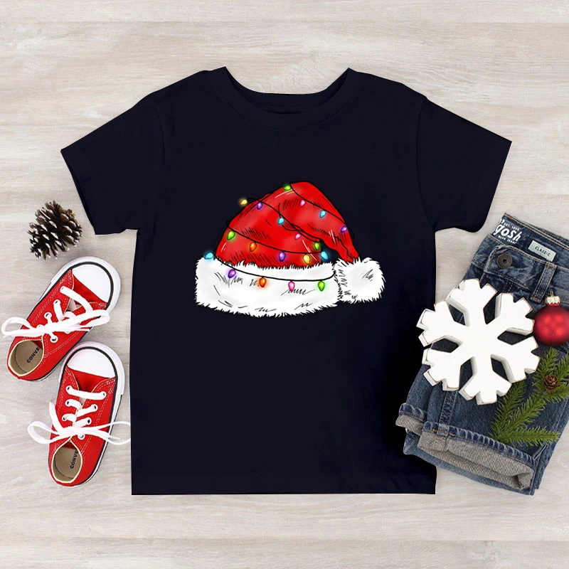 Kids T Shirt Funny Christmas Hat Shirt Autumn Cartoon Style Graphic Tops Short Sleeve Wild Xmas Holidays Children's Clothing