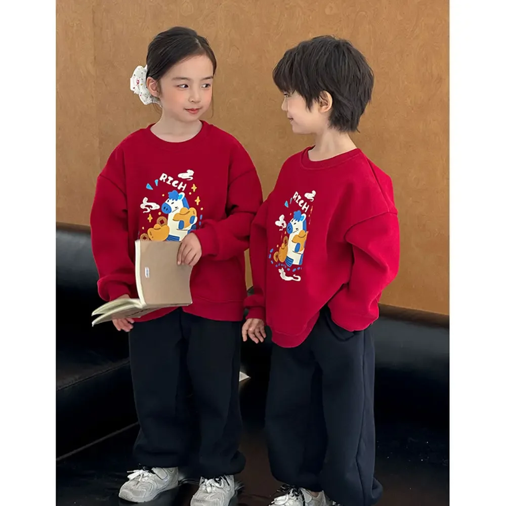 2026 بلوزات عائلية حمراء متطابقة للجنسين الآباء والأطفال بلوفر دافئ للعام الصيني الجديد للاحتفال بالصورة #6