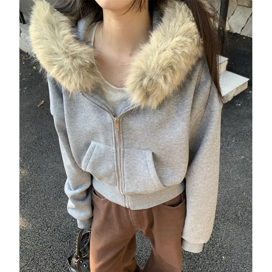 Sweat à capuche coréen Sle pour femmes, Long col en fourrure, décontracté, Chic, automne hiver, nouvelle collection, effet amincissant, sensation haut de gamme, ort...