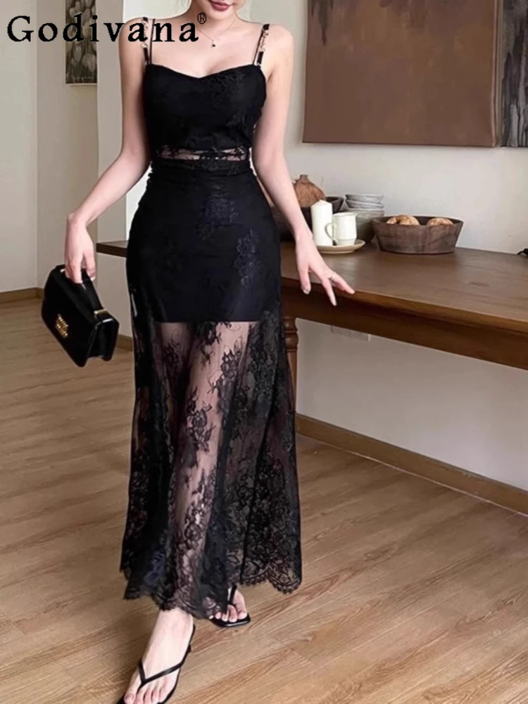 

L-4XL, французское черное элегантное сексуальное темпераментное платье на подтяжках большого размера, женские облегающие простые кружевные полые длинные платья трапециевидной формы