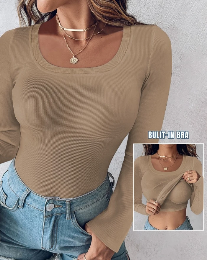 

Shijiazhuang Girls' 2024 New Spot Fashion U-Neck Built In Bra Long Sleeve Casual Single Color Tight Ribbed T-Shirt Y2K