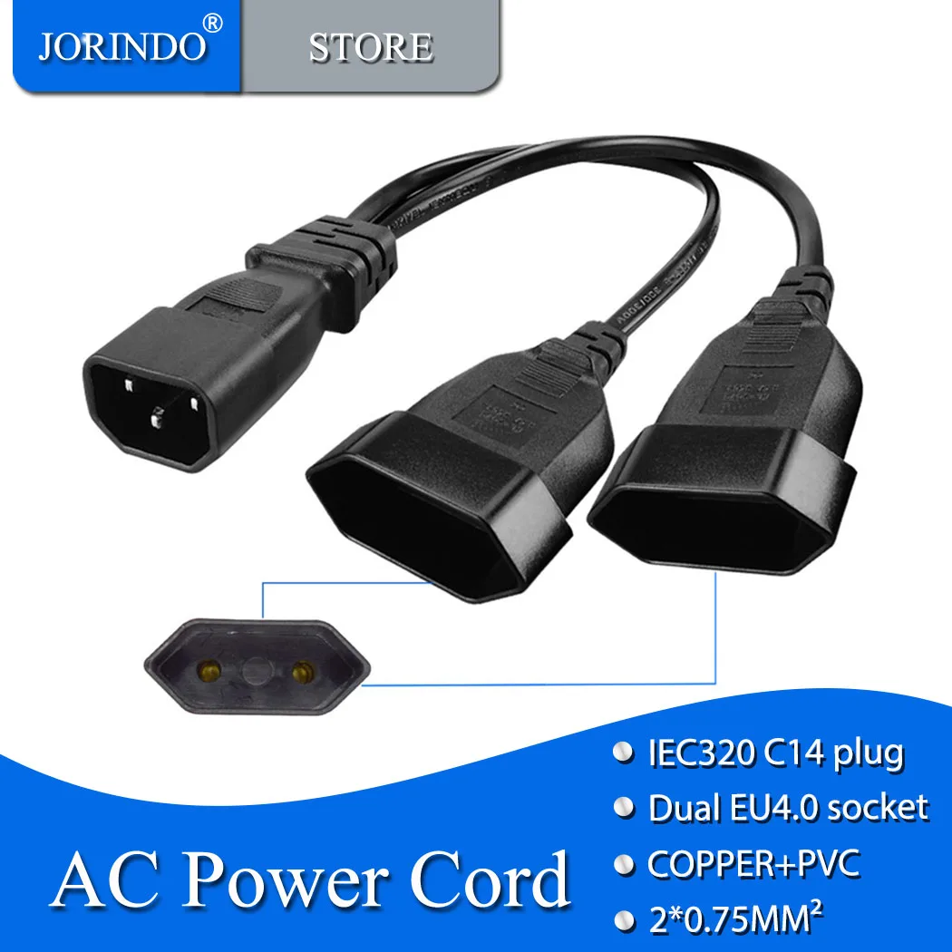 JORINDO IEC320 C14 TO Dual EU4.0MM AC power cord,IEC320 C14 male to two EU4.0MM female Y Split Europe AC Power Cord