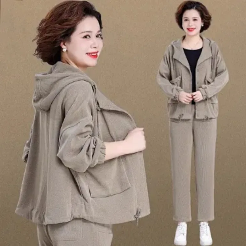 Middle Aged Women Corduroy Tracksuit Spring Hooded Jacket And Pants Set Plus Size Casual Mom Outfit S-4XL