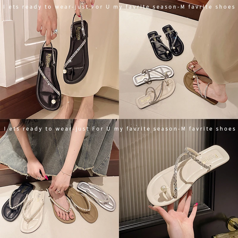 Chinelo de salto baixo feminino, decoração de metal, slides elegantes, casual ao ar livre com flip flop de praia, moda verão, 2024