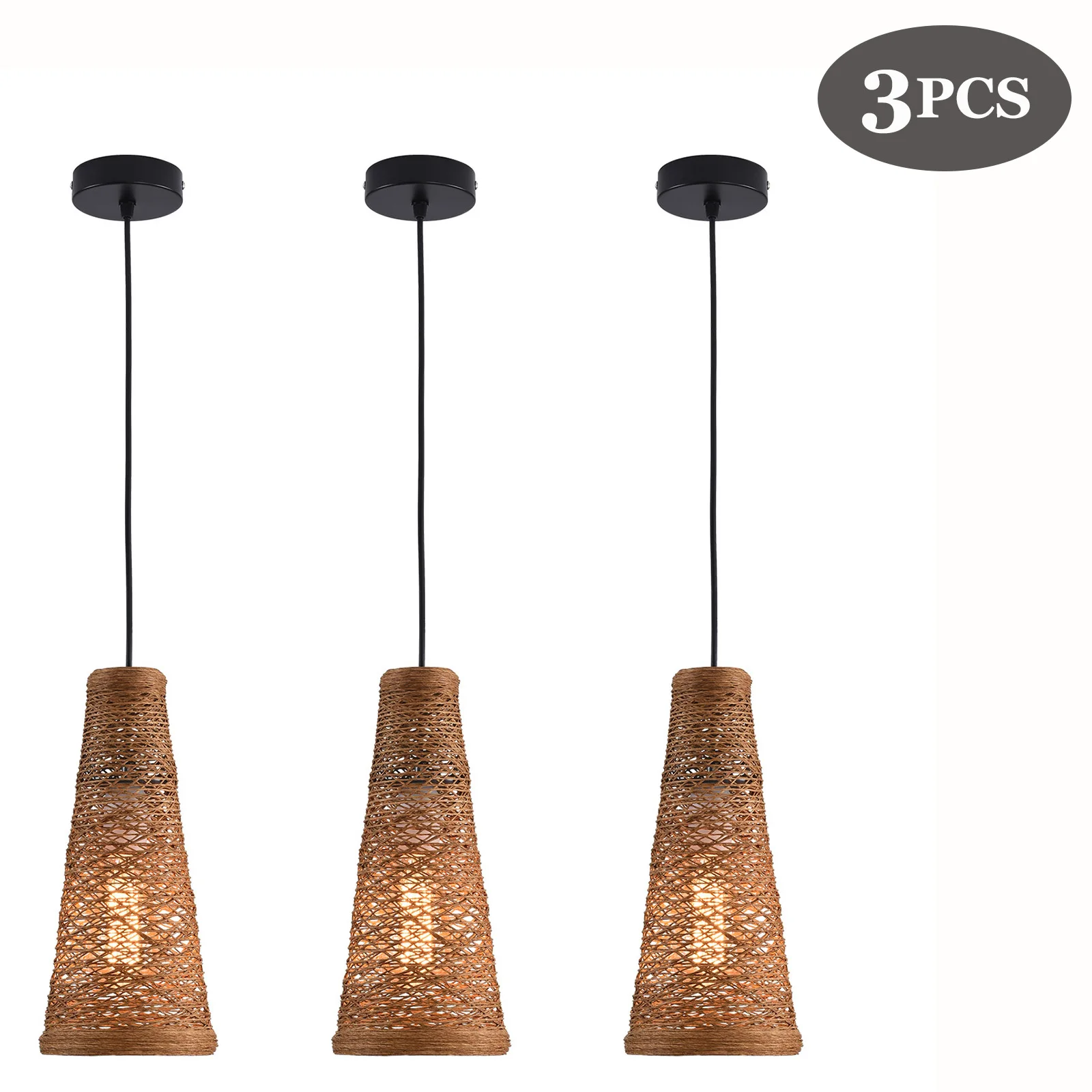 Bambu Art Pendant Light, luminária de vime, lâmpada do teto suspensa, luz de vime para sala de estar, decoração de casa, 3pcs