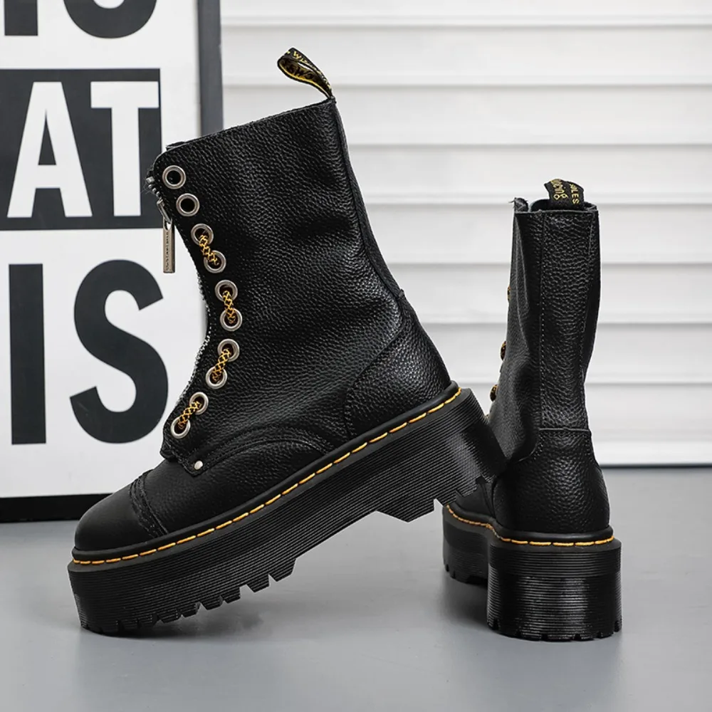 Femmes bottes en cuir véritable plate-forme bottes moto chaussures avant fermeture éclair semelles optiques mode Sexy Punk luxe hommes bottes d'hiver
