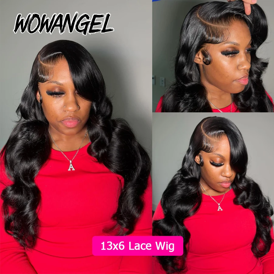Wow Angel Body Wave Jet Black 250% 13x6 HD encaje Frontal completo pelucas de cabello humano SkinLike HD pelucas delanteras de encaje prearrancadas para mujeres