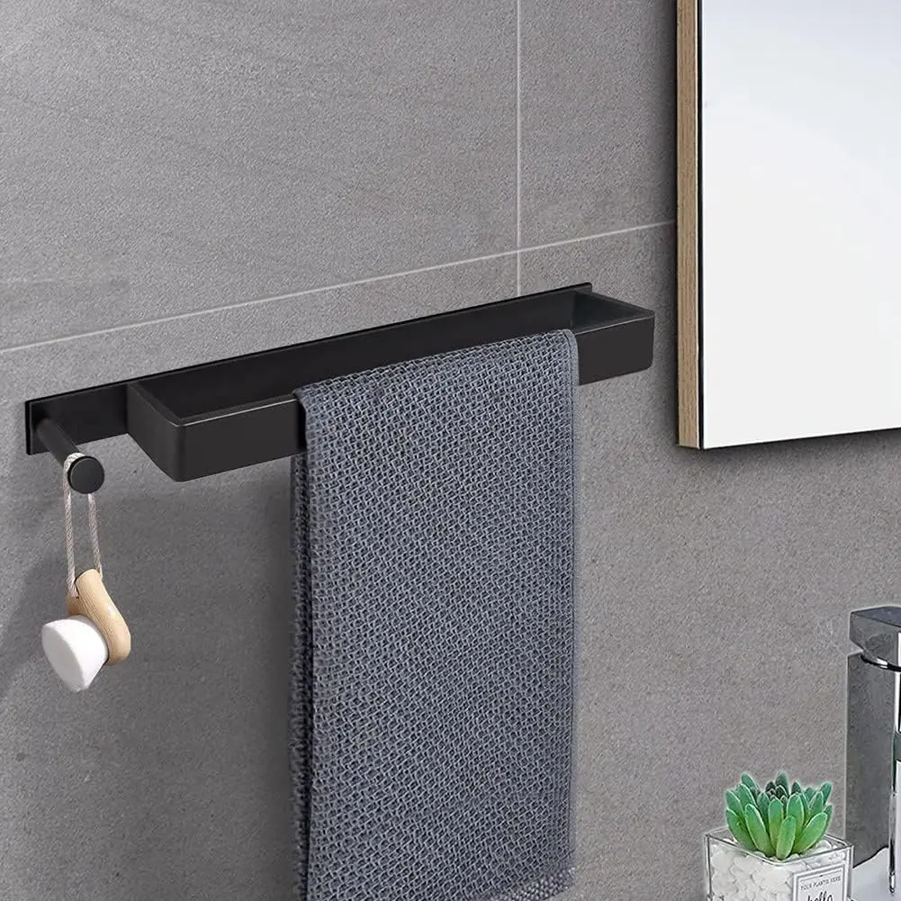 Black Stainless Steel Towel Holder No Drill Wall Shower Towel Shelf Self Adhesive Kithchen Towel Hanger Rail Bathroom Towel Rack