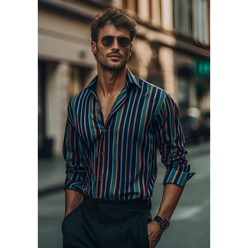 

Men's Europe and The United States Casual Fashion Long-sleeved Printed Shirt Lapel Comfortable Vertical Stripe T-shirt