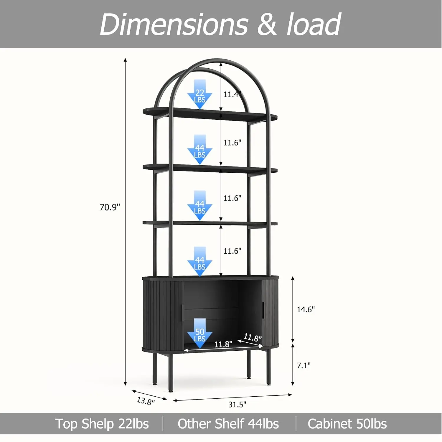 71 Inch 5 Tier Bookcase With 2 Door Storage Cabinet Arched Top Organizer For Living Room Bedroom Home Office Black, Customized
