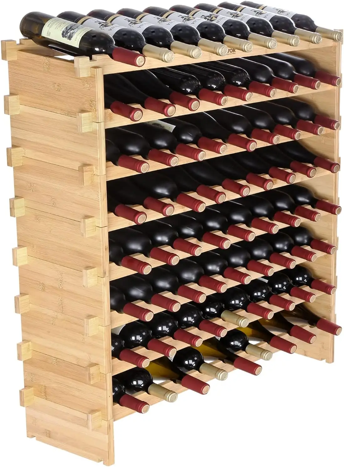 

8-Tier Stackable Wine Rack for 72 Bottles, Solid Bamboo Wood Storage Shelf, Wobble-Free Design for Kitchens and Cellars