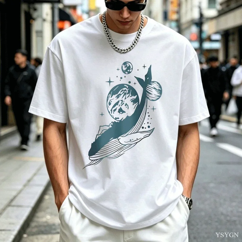 Stars and Whale T Shirt Casual Cotton Moon Graphic Tees Men Women Casual Round Neck Short Sleeve Breathable Tshirt Clothing