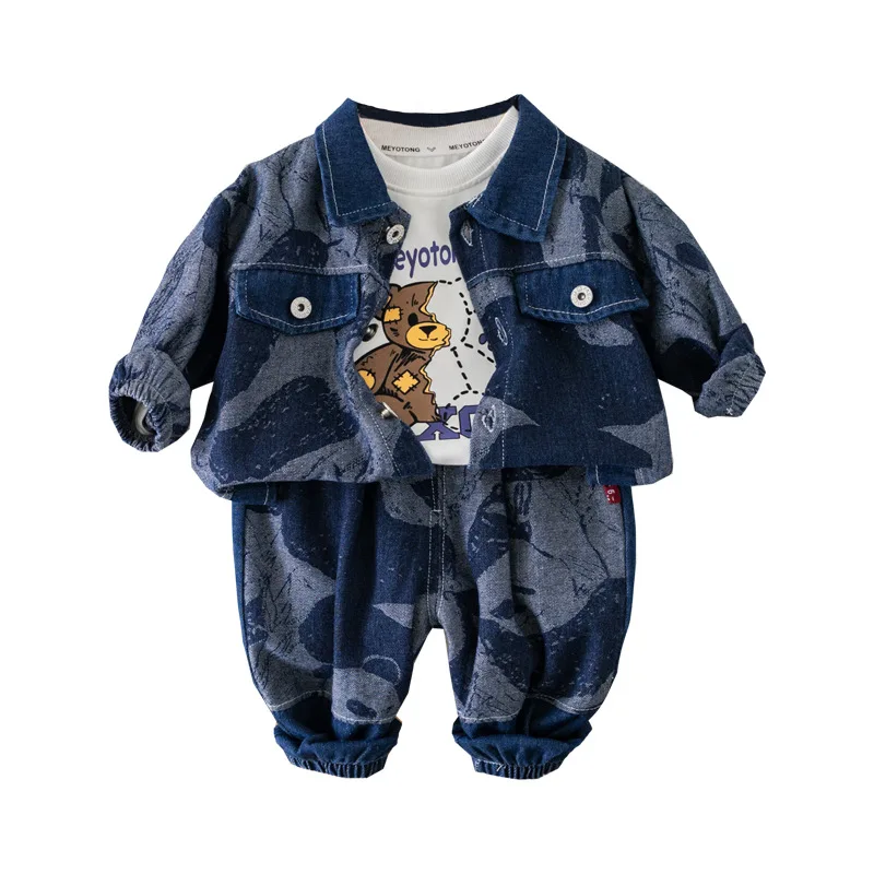 2024 Autumn Toddler Boys 3PCS Clothes Set Cartoon Tops Denim Long Sleeve Coat Loose Jeans Suit Kids Baby Boys Outfits