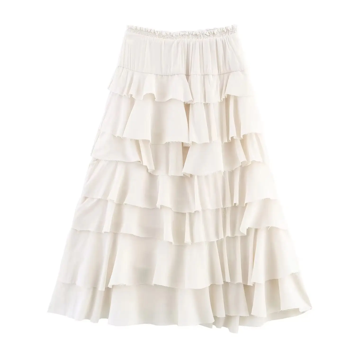 KONDALA Chic Elegant Beige Layered Long Mujer Skirt Casual Summer Holiday Elastic Waist Fashion 2025 Streetwear Woman Midi Skirt