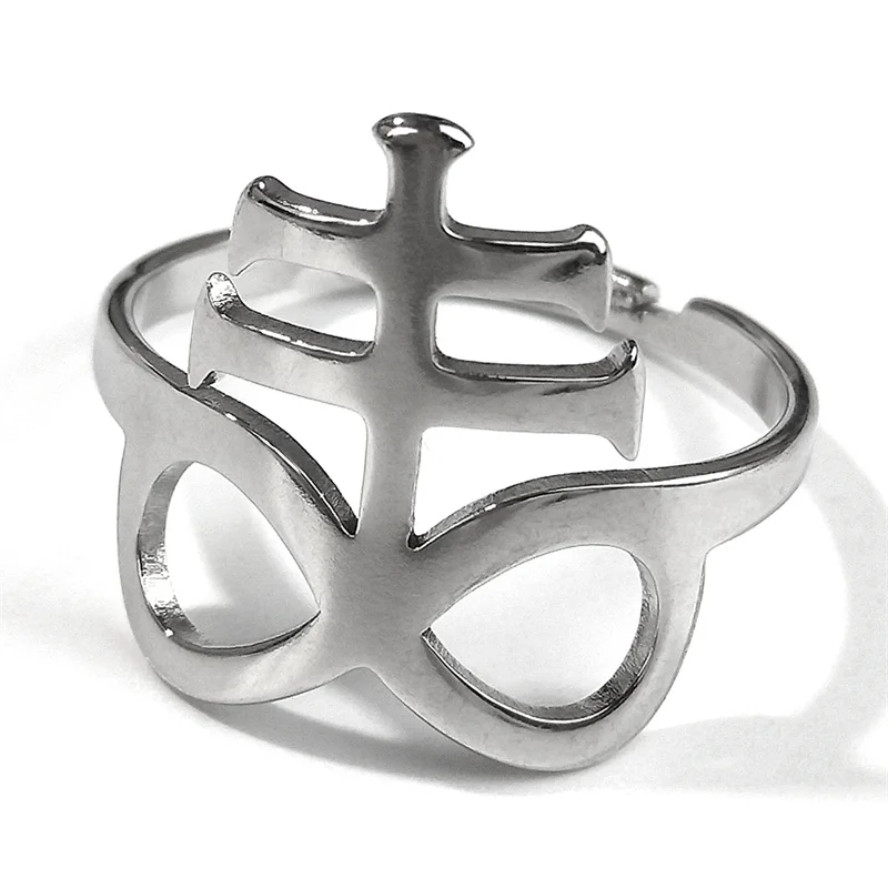 Satan Leviathan Cross Ring for Men Women Adjustable Stainless Steel Punk Goth Church of Satan Symbol Kolye Finger Ring Jewelry