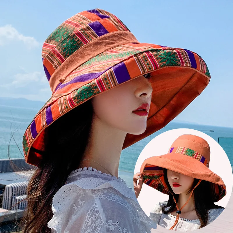 Women Bucket Hat Wide Brim Sun Hats Metal Wired Edge Summer UV Protection UPF Boho Cap for Beach Hiking Garden Travel Chin Strap