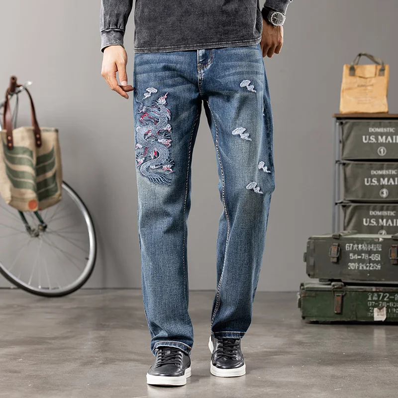 

New spring and autumn style Men's embroidered blue jeans Men's straight slim fit stylish stretch jeans Large size 28-44
