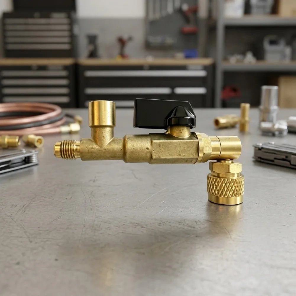 Three Way Brass Ball Valve Set for Refrigerant For Service with Gauge Adapter and Connector for HVAC Maintenance