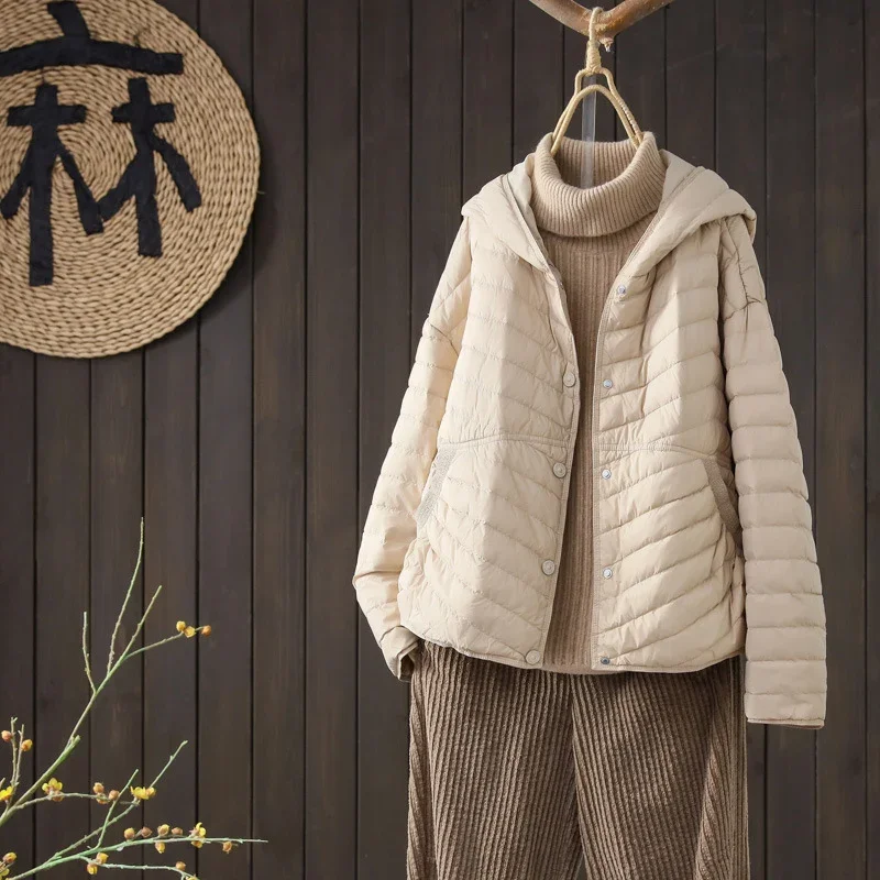 Schinteon Women Ultralight White Duck Down Jacket with Hood Autumn Winter Outwear Casual Over Size Loose Korean Style Coat 2024