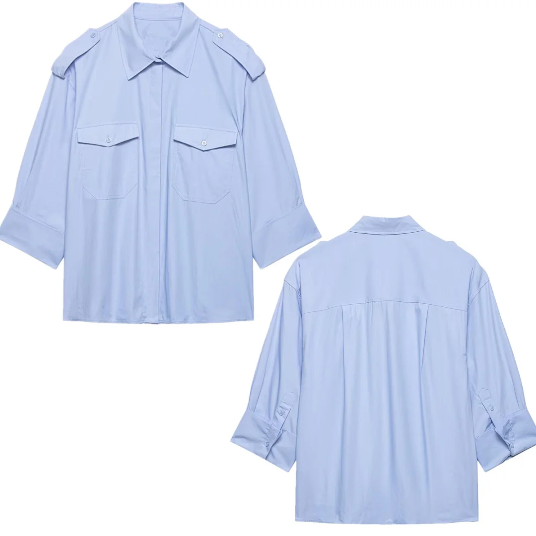

Maxdutti 2026 Summer Sky Blue Color Pockets Loose Shirt Woman Clothes Shirts & Blouses Women's Clothes Shirts Tops