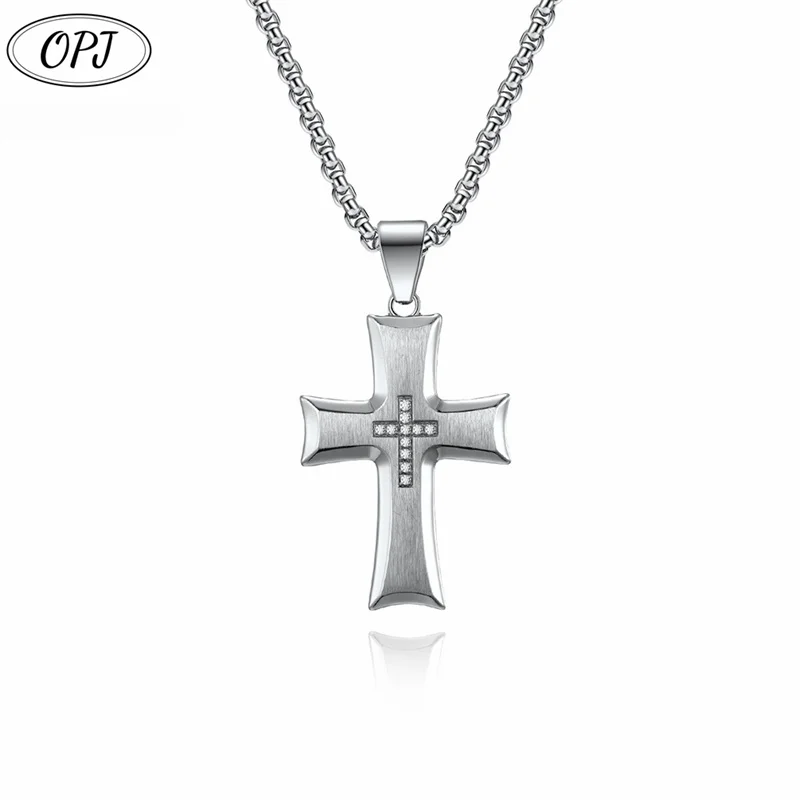 OPJ best sell fashion jewelry Silver Reasonable Price Chain Brushed Cross Pendant With Middle Diamonds Necklace For Men