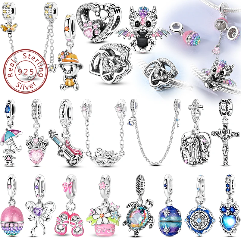 S925 Sterling Silber Biene Bär Osterei Gitarre Jesus Saint Mary Charms Perlen Fit Original 3mm Armbänder DIY Edlen schmuck Machen