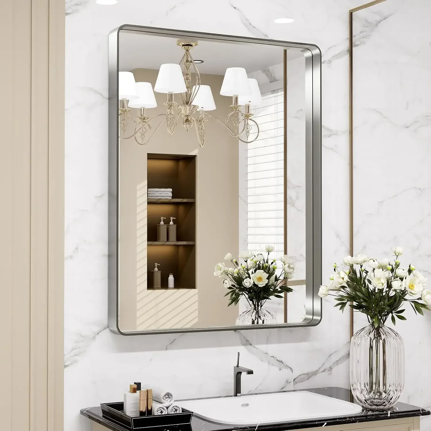 

24X30 Inch Brushed Nickel Bathroom Mirror, Rounded Rectangle Silver Metal Frame Mirror, Brushed Nickel, Anti-Rust, Shatter Proof