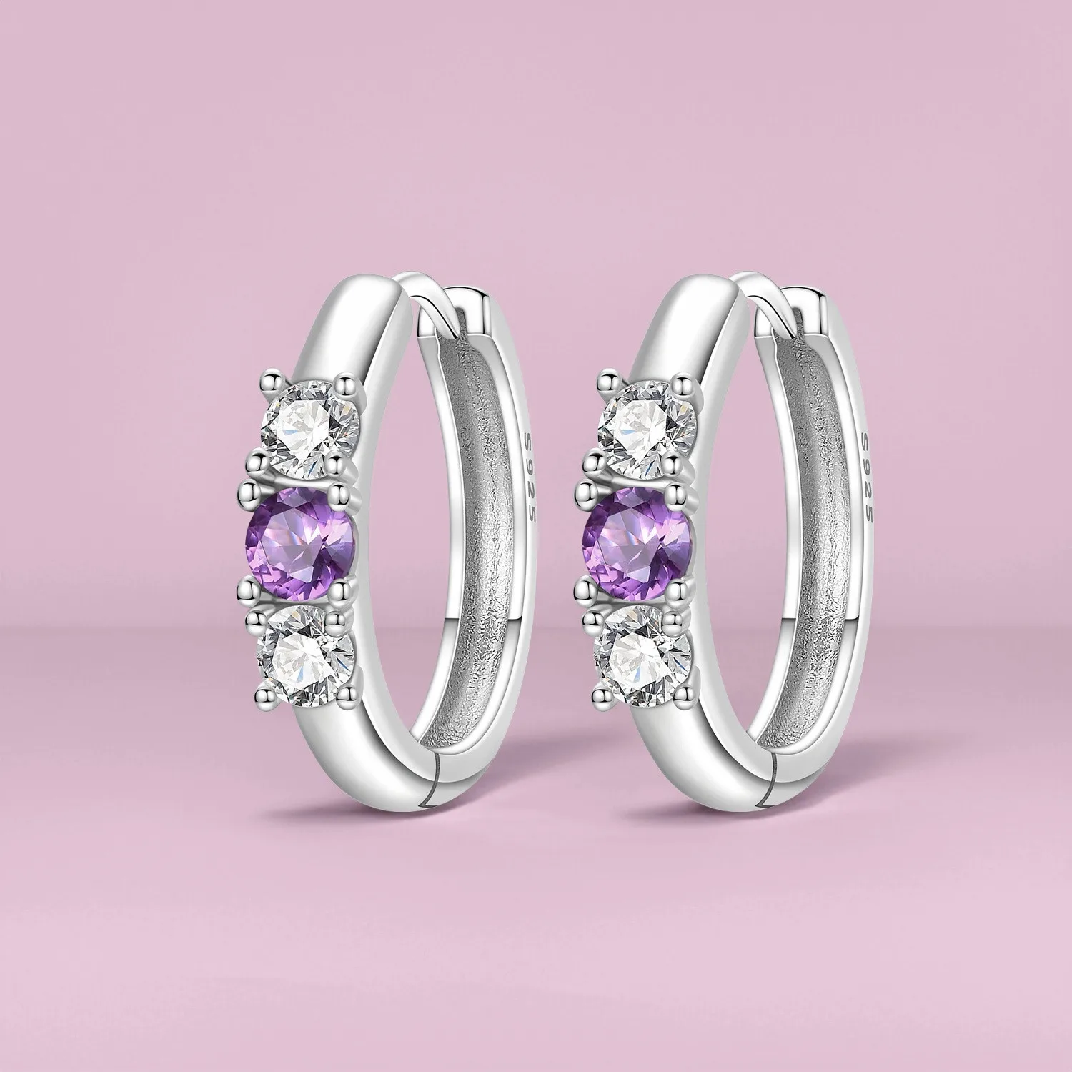 PANPOKI S925 Sterling Silver Dreamy Purple Zircon Earrings Hoop Earrings Women Jewelry Original Party Trendy Anniversary Gifts