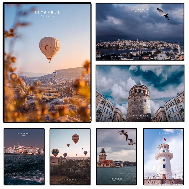 Istanbul poster Tourist Landscape Seagull Yacht Hot  Air Balloon Silk Print Poster Wall Home  Art Decoration Painting