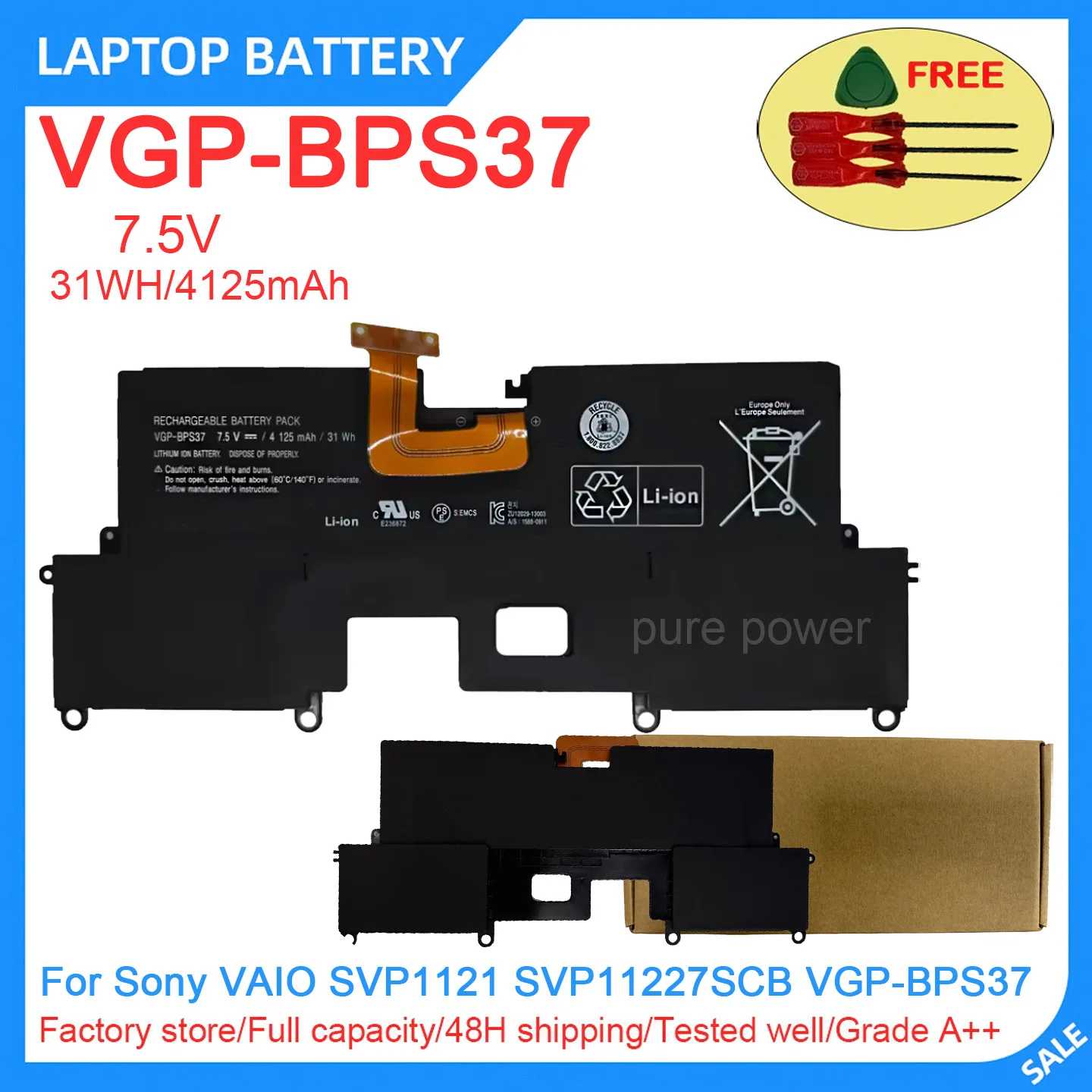 New Laptop Battery VGP-BPS37 7.5V 31WH 4125mAh High Quality For Sony VAIO SVP1121 SVP11227SCB VGP-BPS37